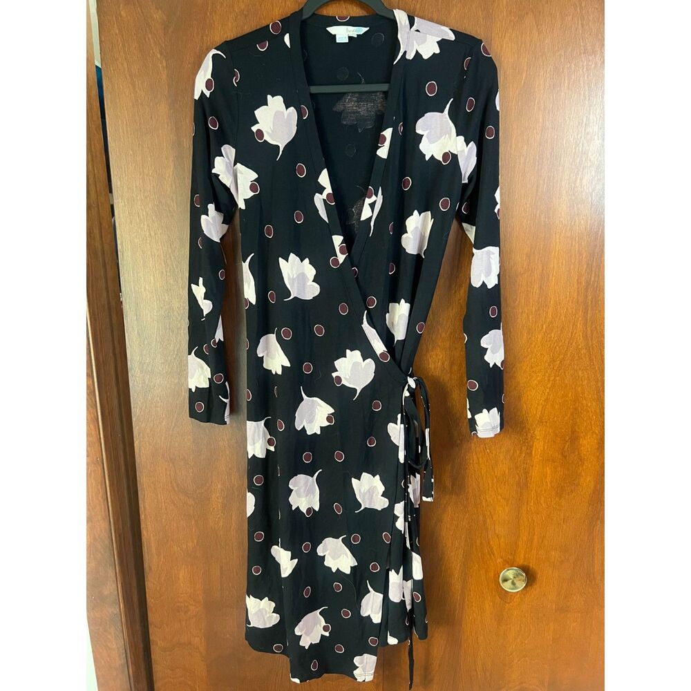 Boden Long Sleeve Wrap Dress Black Floral Print Knee Length European Chic Size 6